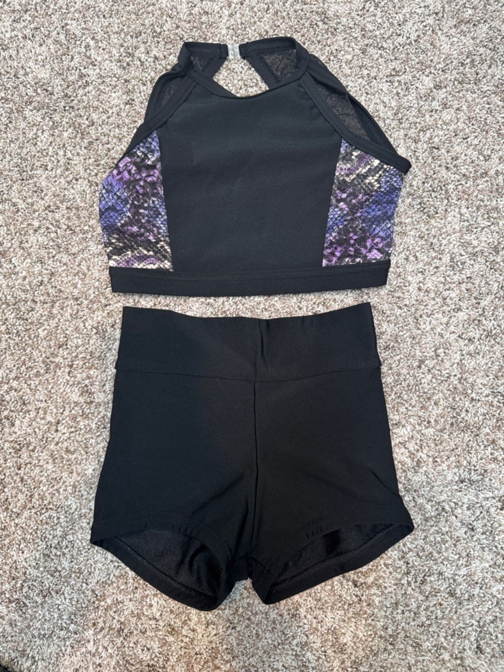 Black Girls' Active Matching Set with Purple Snake-Print Accents